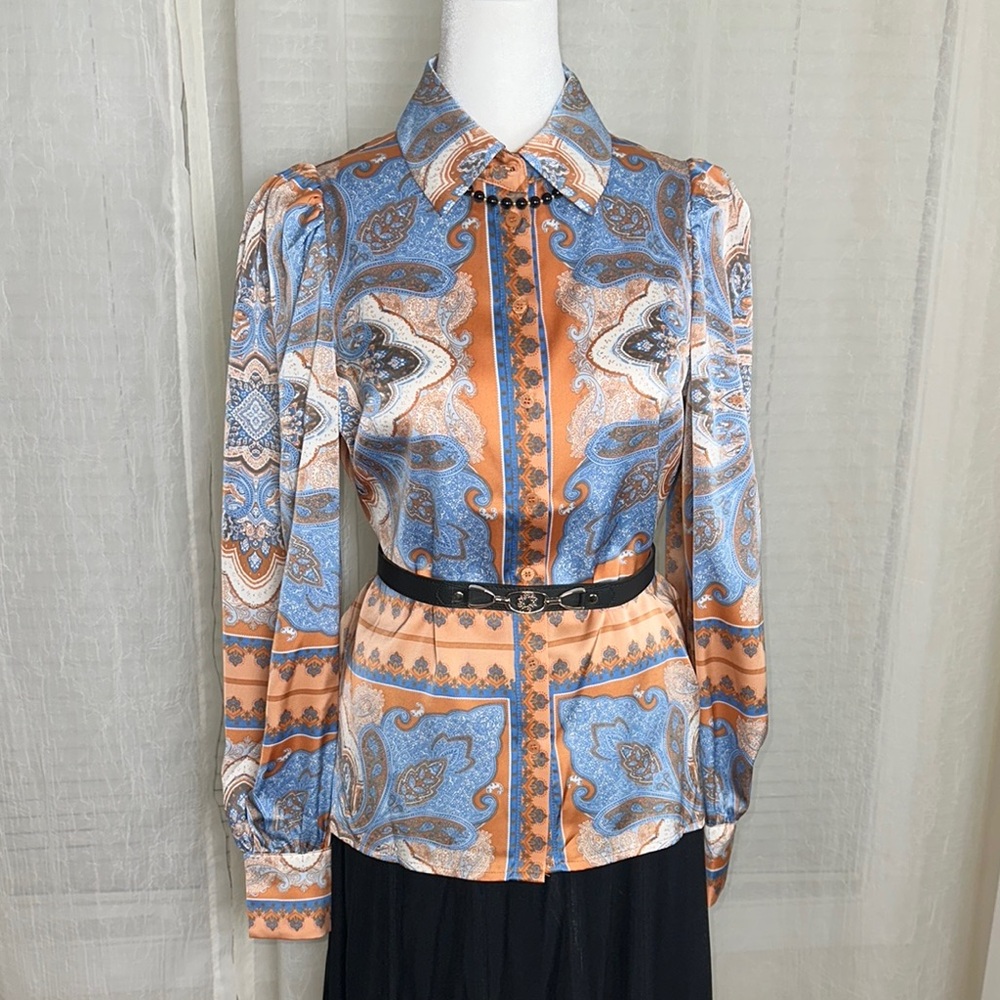 Joie XS Orange Blue Ivory Paisley Hankie Square Style Puff Long Sleeve Blouse